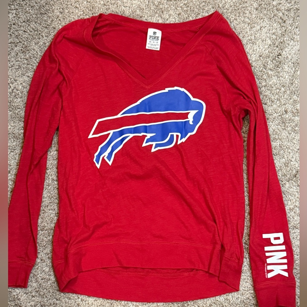 Victorias Secret Pink Red Buffalo Bills Logo Long Sleeve Shirt